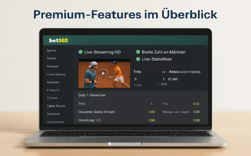 Bet365 Premium Features mit Live Streaming und umfangreichen Tennis Wettmärkten