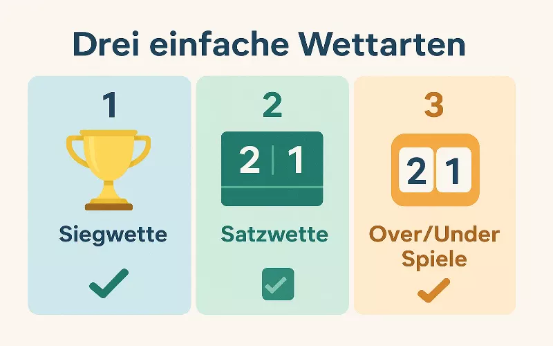 Drei einfache Wettarten für Anfänger: Siegwette, Satzwette und Over Under Games erklärt