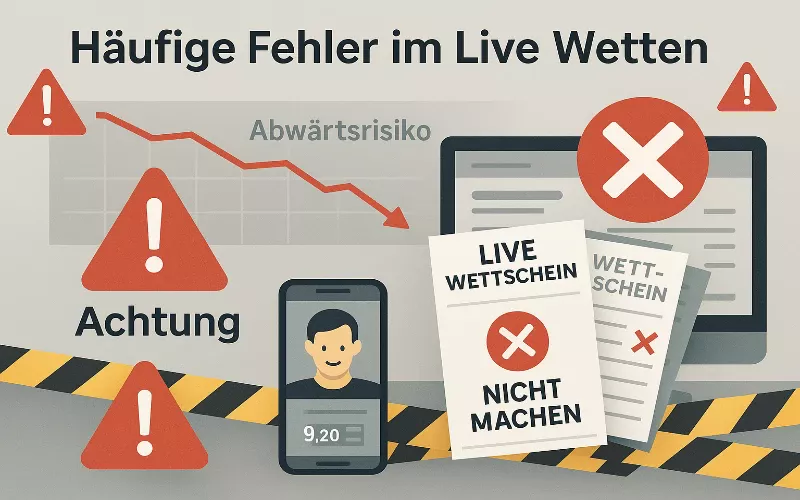 Warnung vor häufigen Live Wetten Fehlern mit roten Warnsymbolen und Risikohinweisen