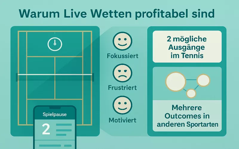 Infografik zeigt Vorteile von Tennis Live Wetten mit Pausen-Momenten und emotionalen Faktoren