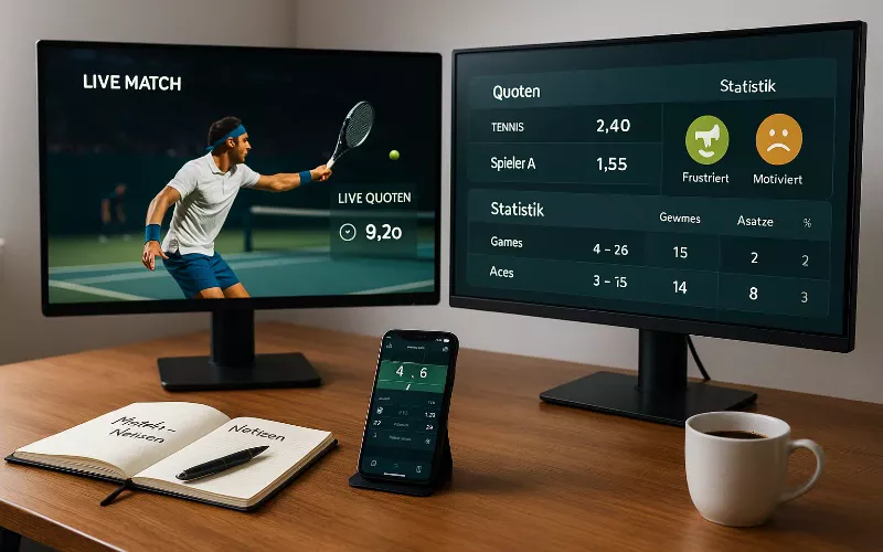 Professioneller Arbeitsplatz Setup für Tennis Live Wetten mit Dual-Monitor und Statistiken