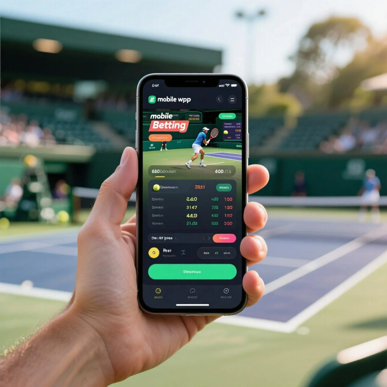 Hand mit Smartphone zeigt Tennis Live Betting App