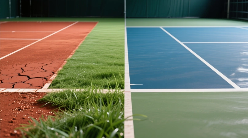 Vier verschiedene Tennis-Beläge: Sand, Rasen, Hartplatz und Indoor
