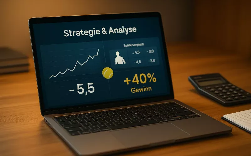 Professionelle Tennis Wetten Analyse mit Laptop Dashboard, Statistiken und Gewinnberechnungen