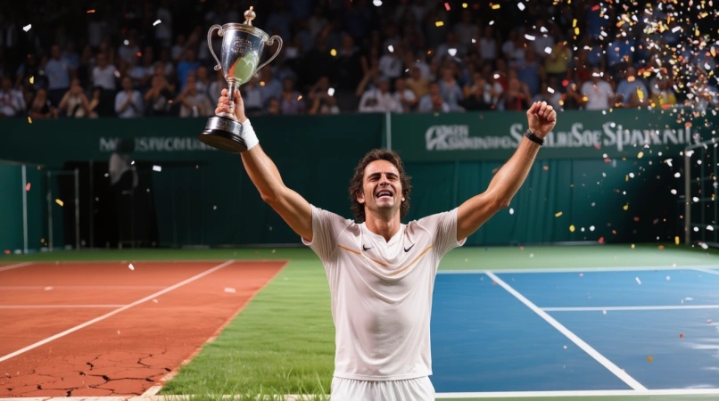 Tennis Spieler feiert Sieg mit Pokal